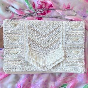 Brand New Capelli Intricately Beaded Cream Crossbody Chain Purse Clutch
